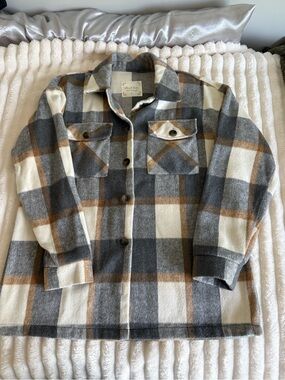 Altar'd State Kids Plaid Pea Coat in Gray, Cream & Brown